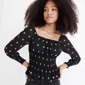 NWT MADEWELL Georgette Square-Neck Smock-Waist Top in Bloom Dot Small